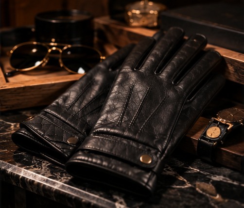 Black handcrafted winter leather gloves